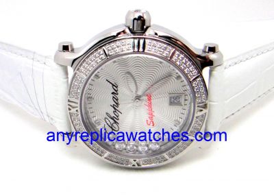 Swiss Quality Happy Sport Chopard Ladies Watch / White Leather / Diamond Watch